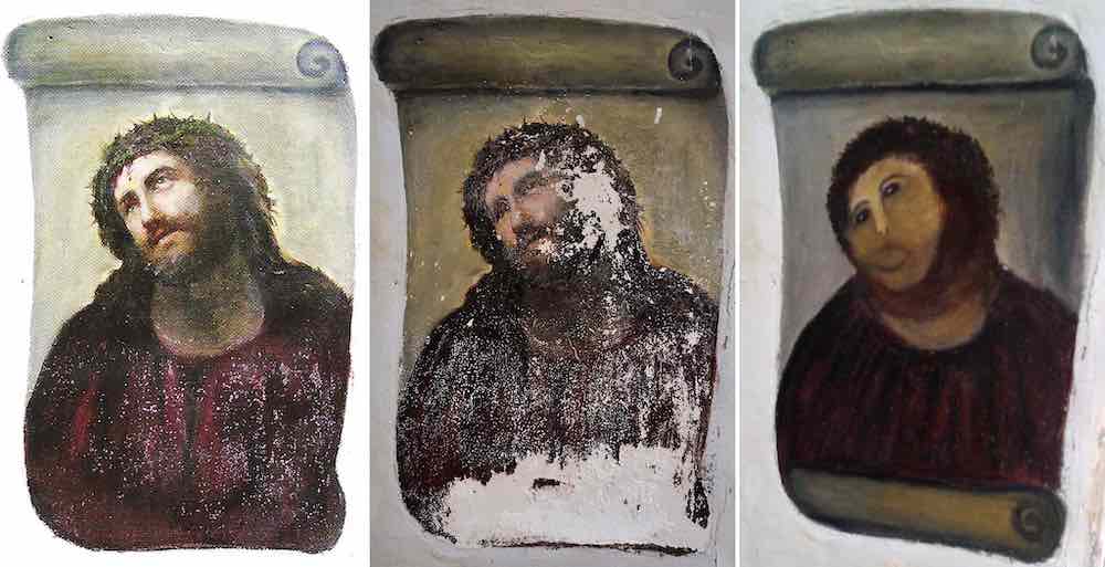 圖左為《試觀此人 Ecce Homo》原貌，圖中為修復前，圖右為塞西莉亞希梅內斯修復後
