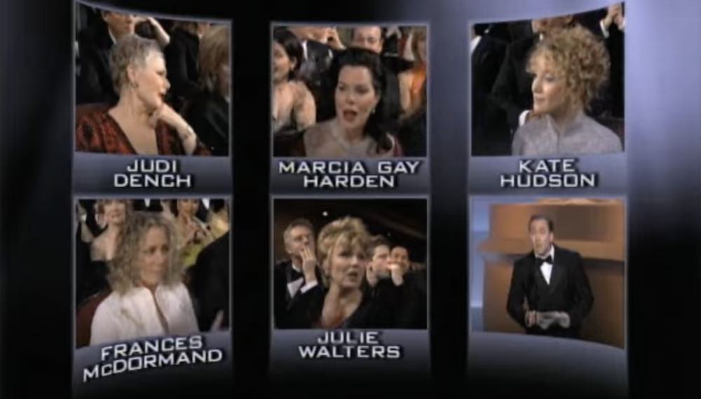 2001年奧斯卡獎最佳女配角獎頒獎時電視分割畫面，圖右上起逆時針依序是凱特哈德森、瑪西亞蓋哈登、茱蒂丹契、法蘭西斯麥朵曼、茱莉華特絲、尼可拉斯凱吉。